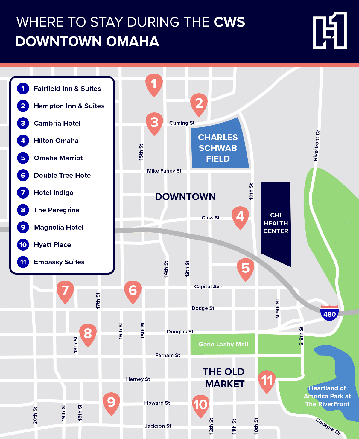 A map of hotels in Downtown Omaha.