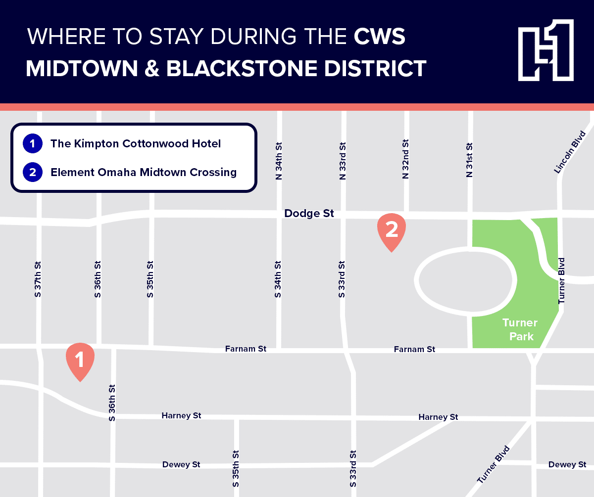 A map of hotels in the Midtown and Blackstone areas in Omaha.
