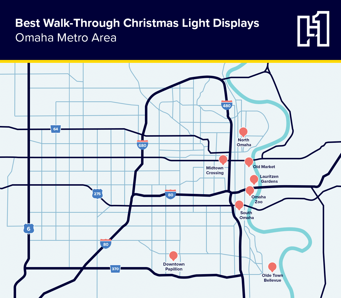 A map of the best walk-through Christmas light displays in Omaha.