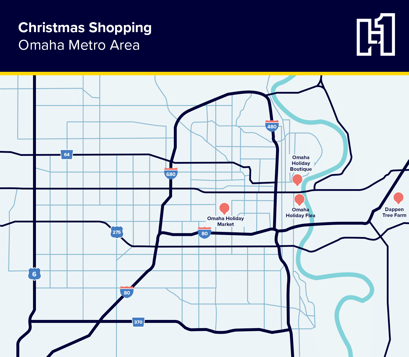 A map of Omaha Christmas shopping spots.