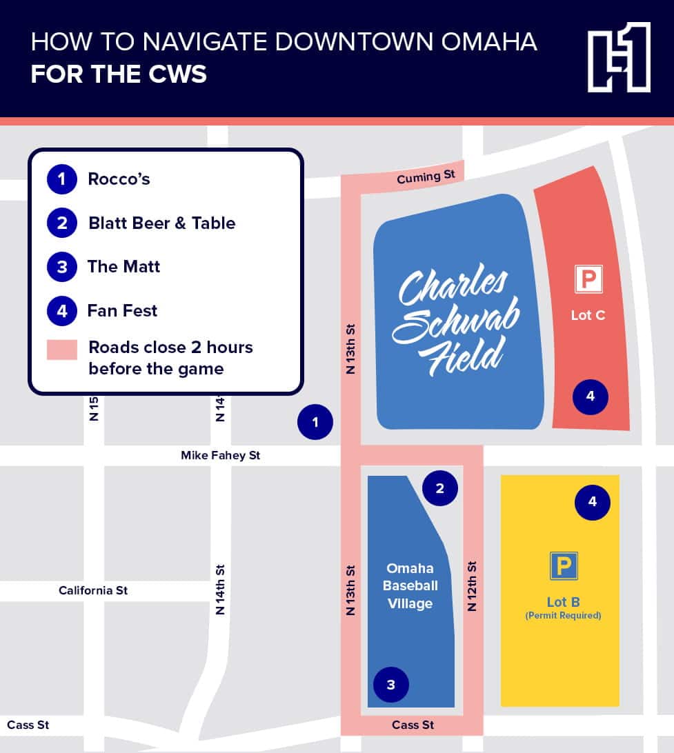 Map of places to visit around Charles Schwab Field Omaha for the College World Series Fan Fest and Baseball Village.